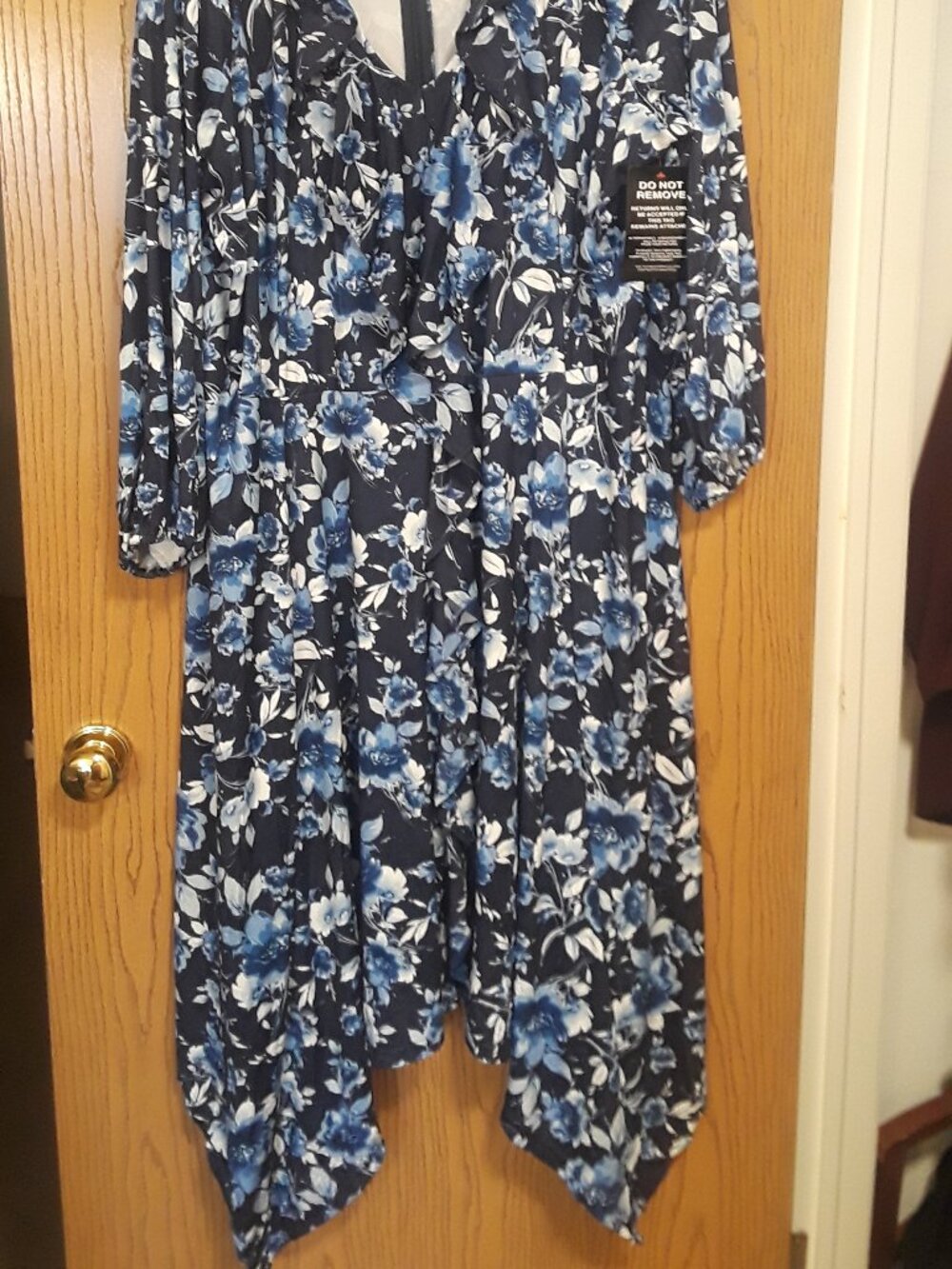 NWT Roaman's 4X Ruffle Blue Floral Handkerchief Hem Midi Dress Blouson Sleeve V
